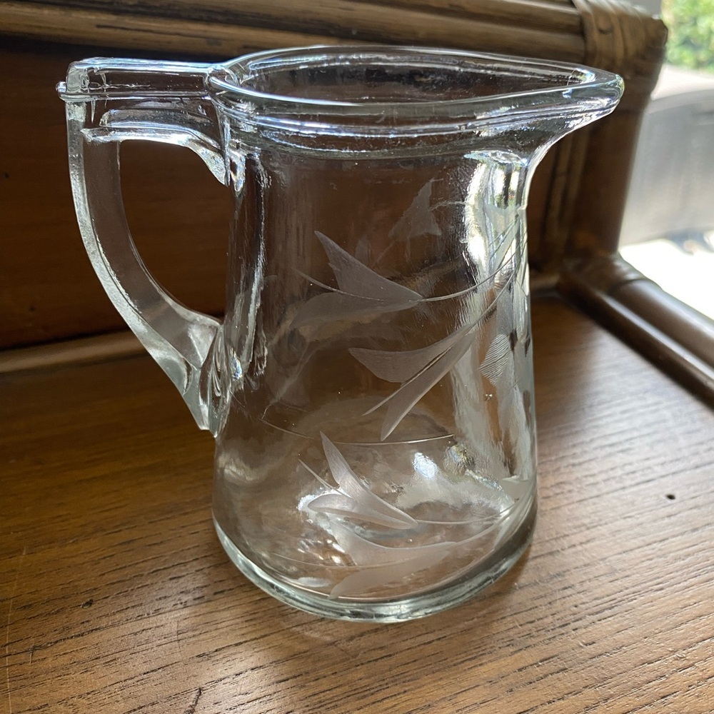 Vintage Etched Glass Creamer Pitcher with Delicate Floral Design and Handle